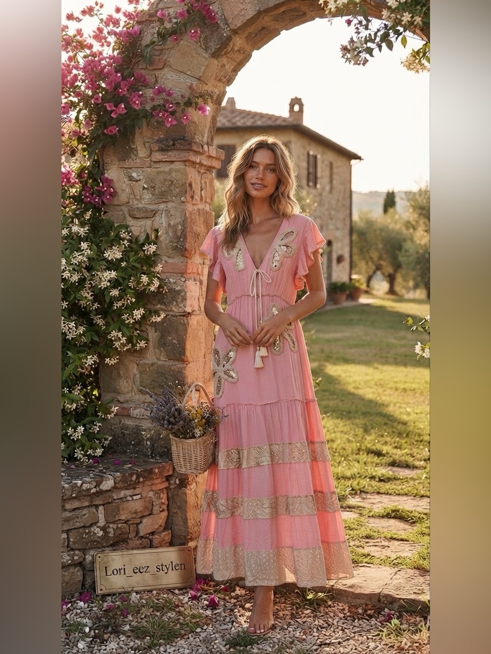POL Pink Maxi Dress with Gold Embroidery